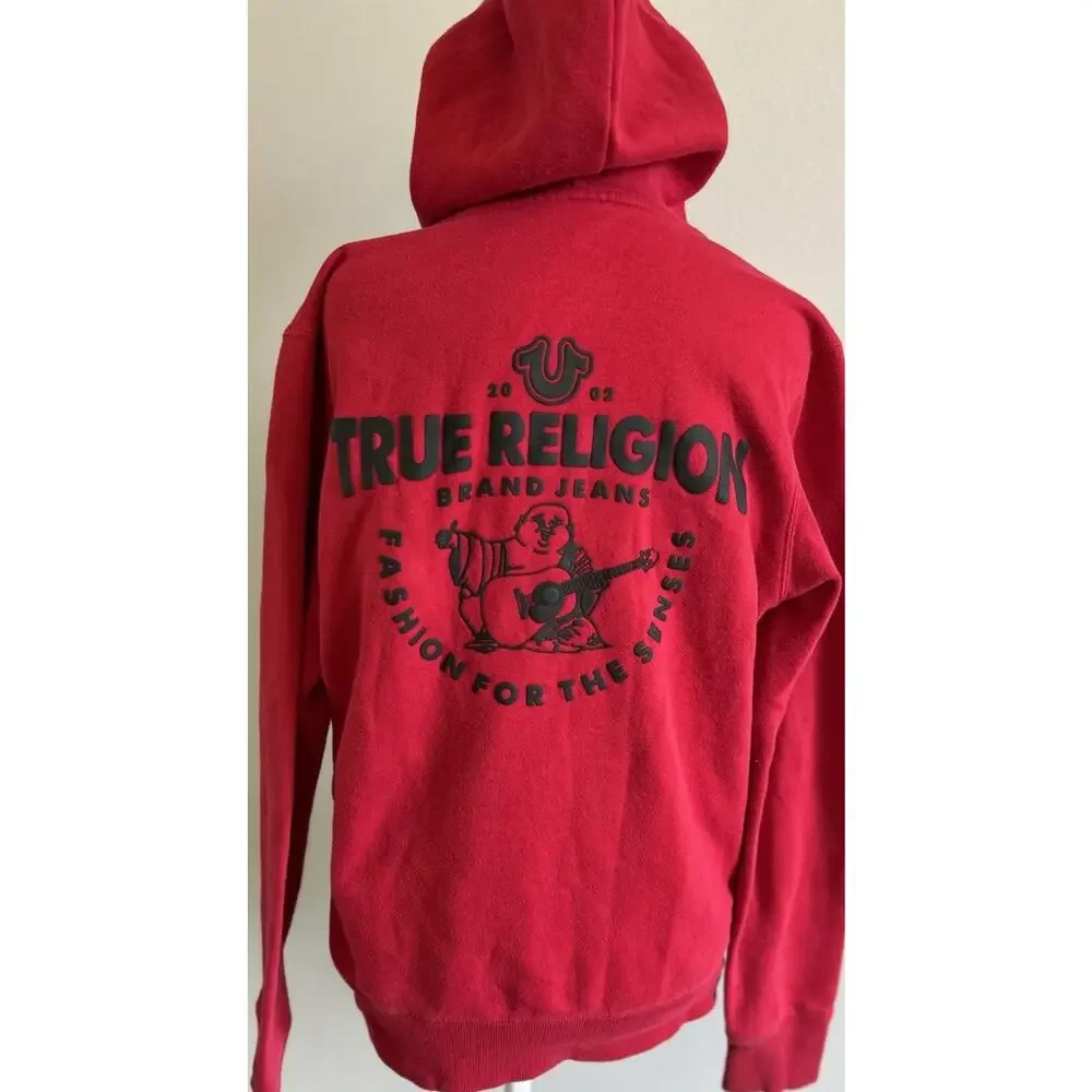 True Religion Zip Hoodie Buddha Logo Red Sweatshirt Retro Grunge Skater Core MED